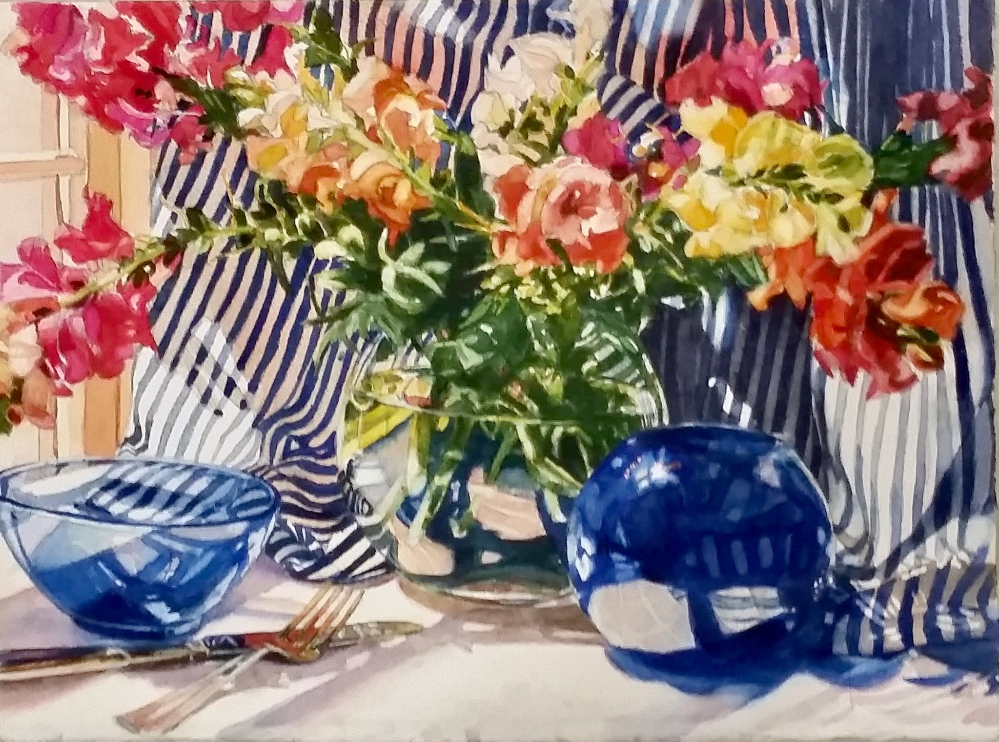 watercolor painting of flowers and blue vases
