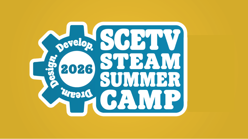A blue gear over a yellow background advertising the SCETV STEAM Camp: Dream. Design. Develop.