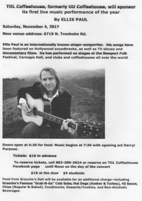 Ellis Paul performing November 4th at the TOL Coffeehouse, formerly UU Coffeehouse